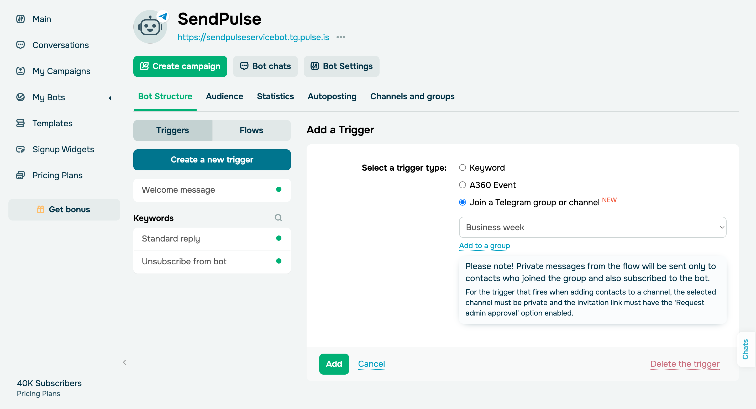 New chatbot features for Telegram groups and channels