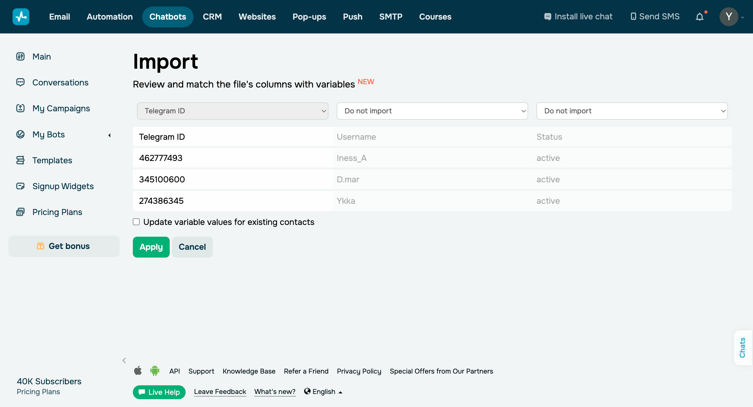 Match columns when transferring Telegram bot subscribers from other services to SendPulse