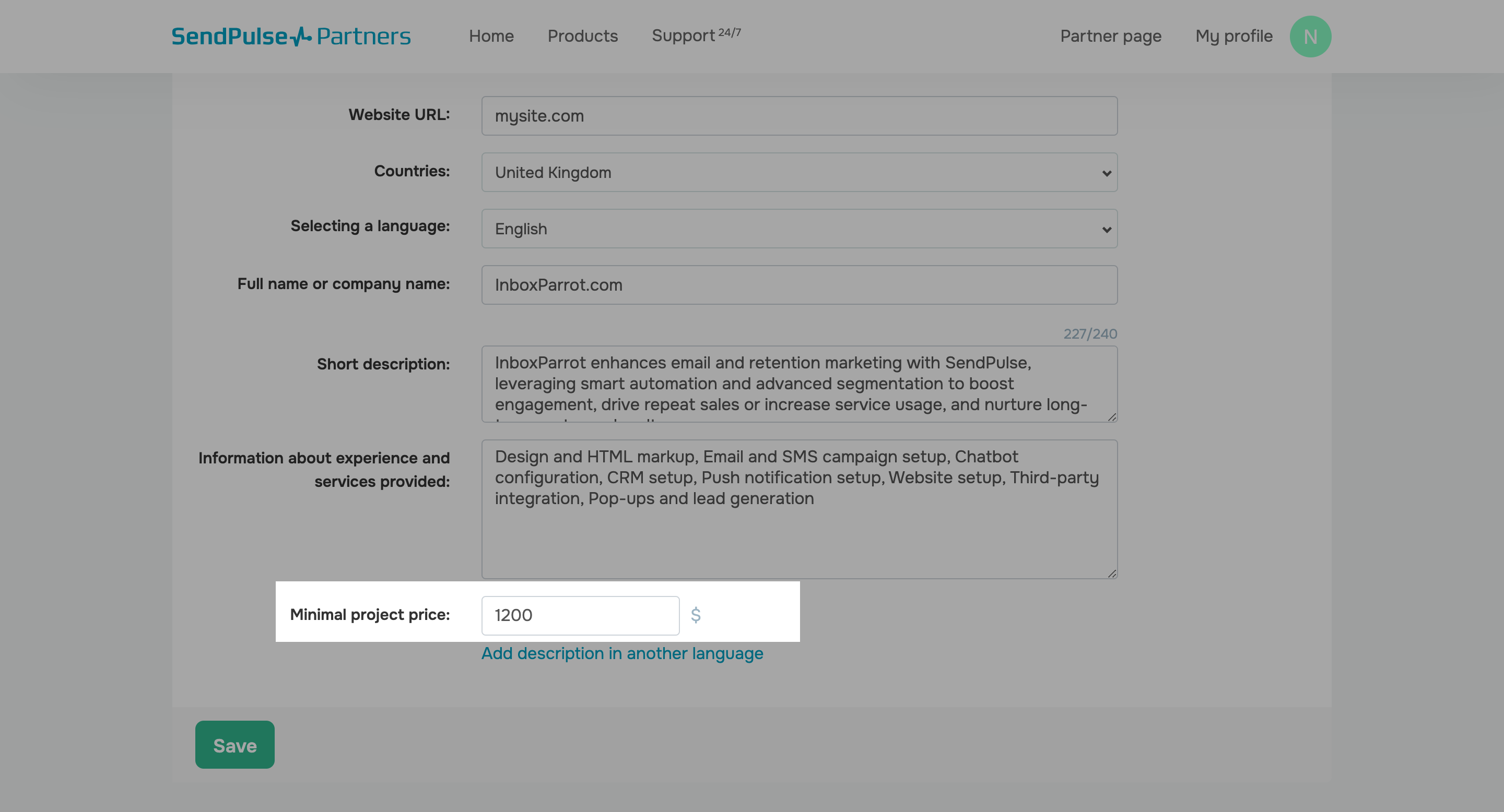 Add a minimal project price