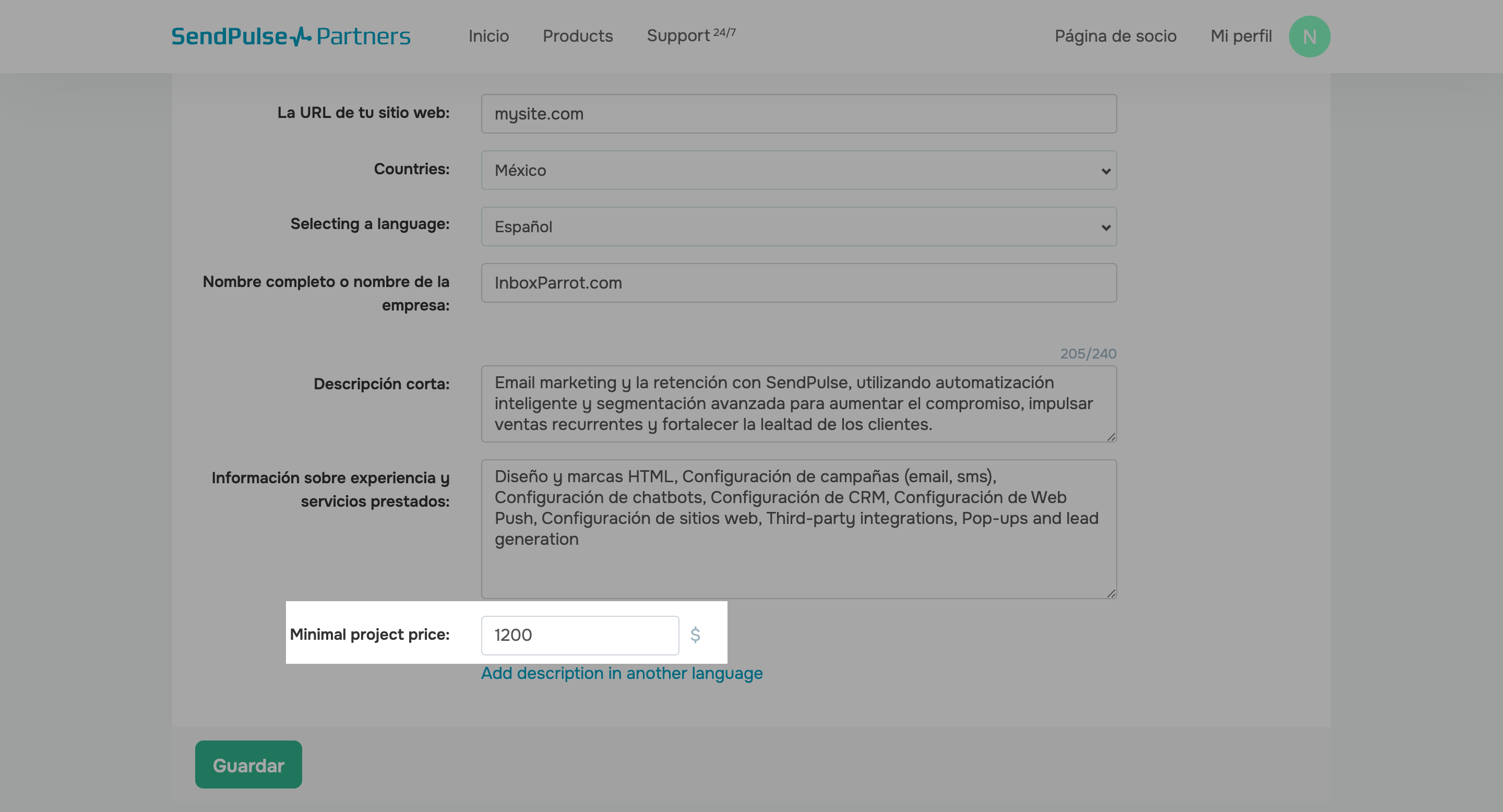 Añadir precio mínimo