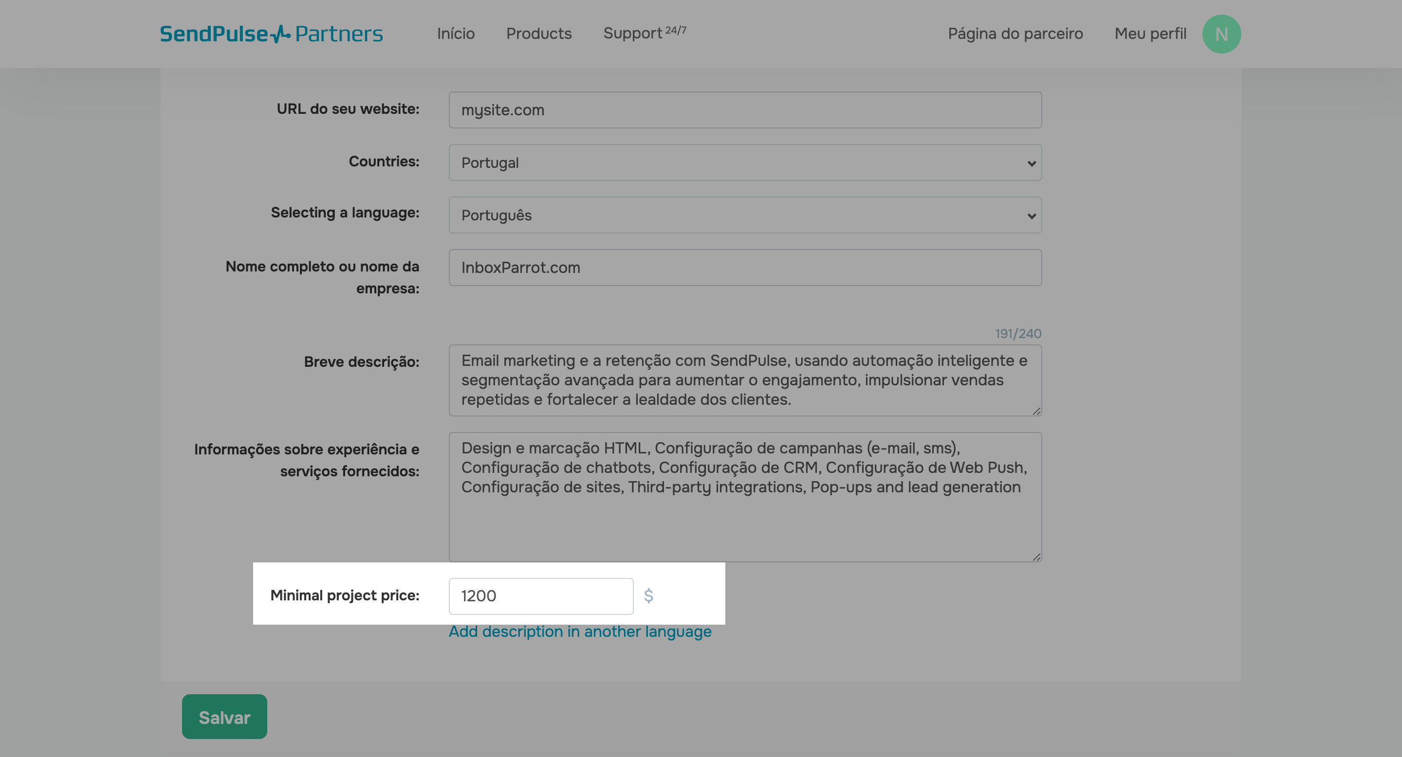 Definir preço mínimo do projeto