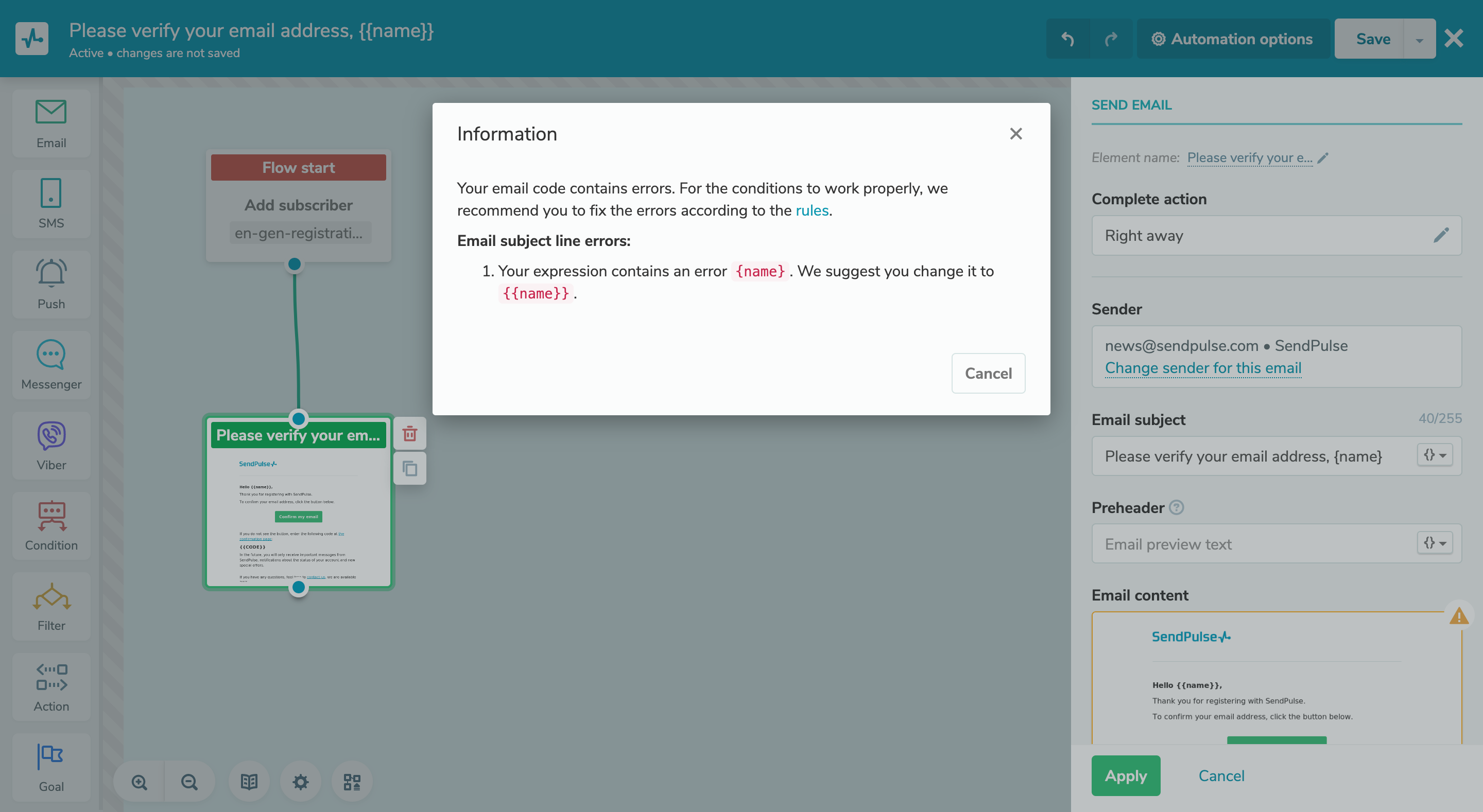 Validation of variables and regular expressions in automated funnels