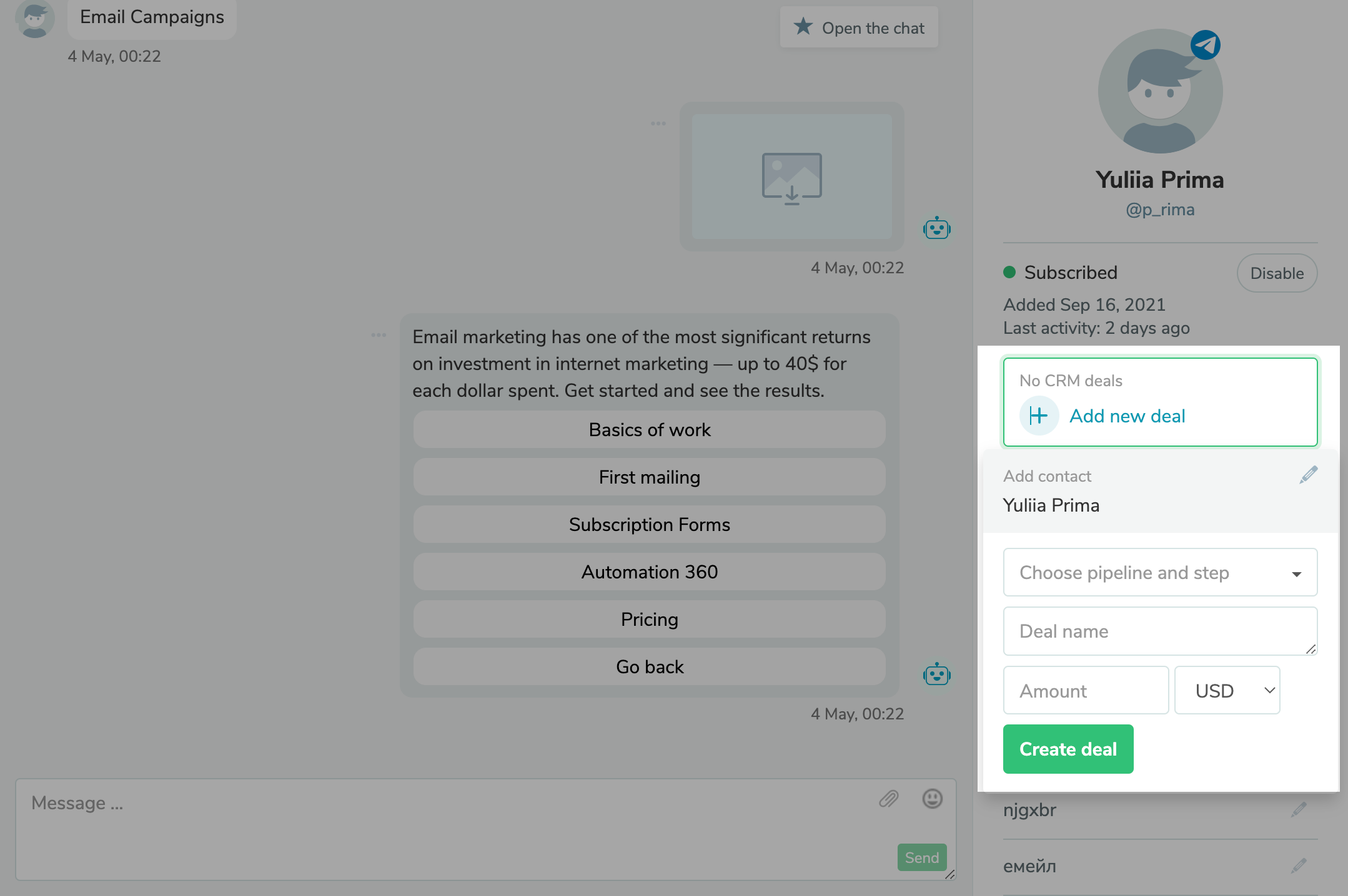 Create CRM deal in the chatbot