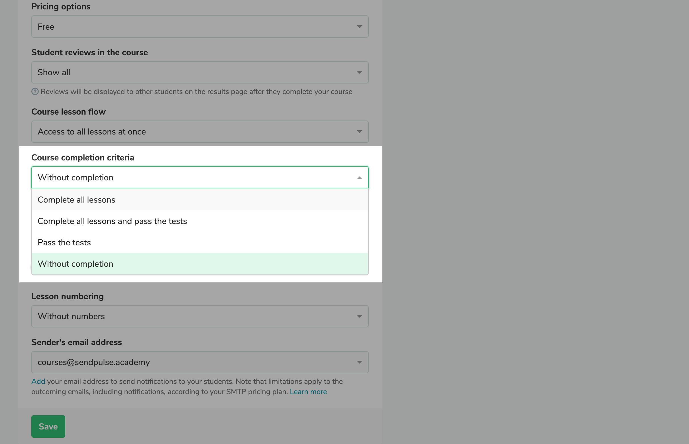 New course completion criterion