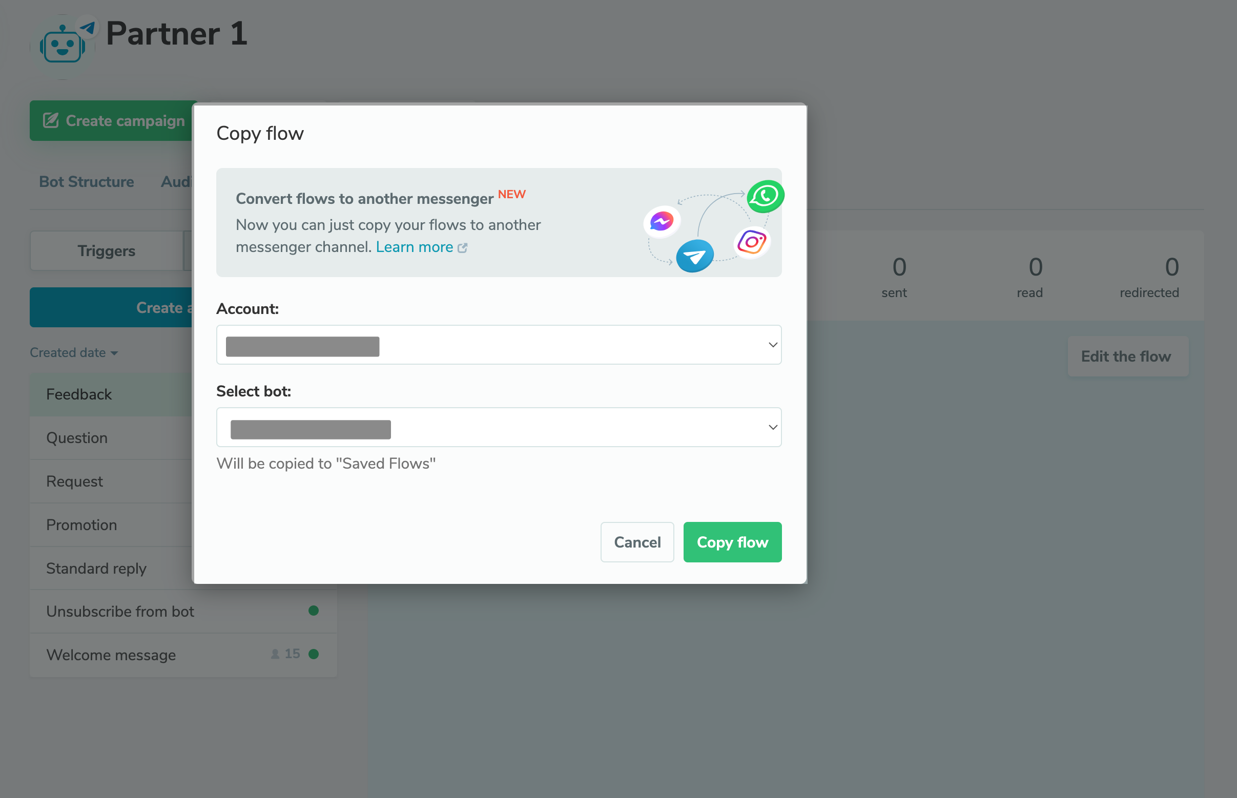 Para copiar um fluxo de chatbot
