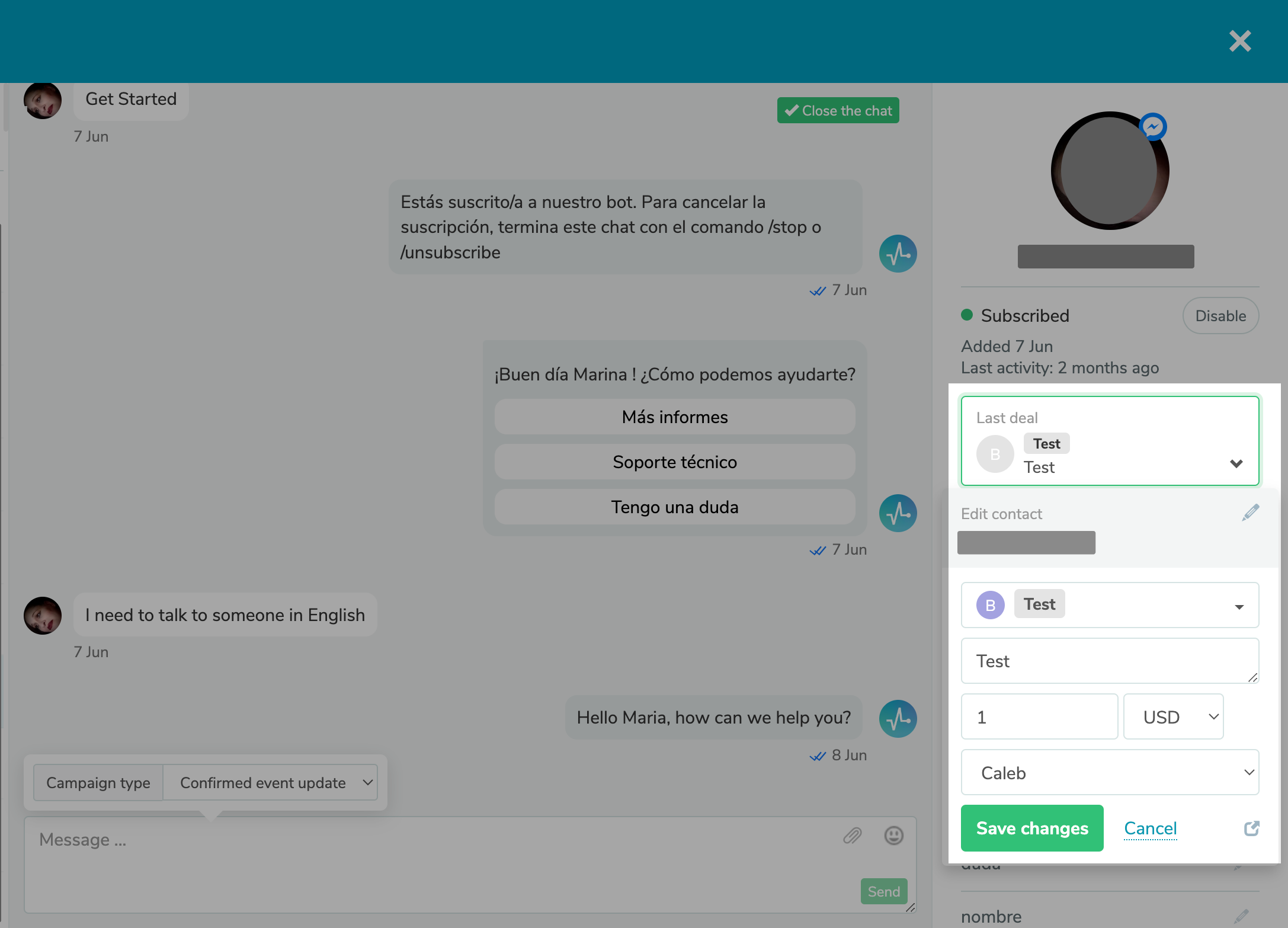 Reasignación de tratos en el chat