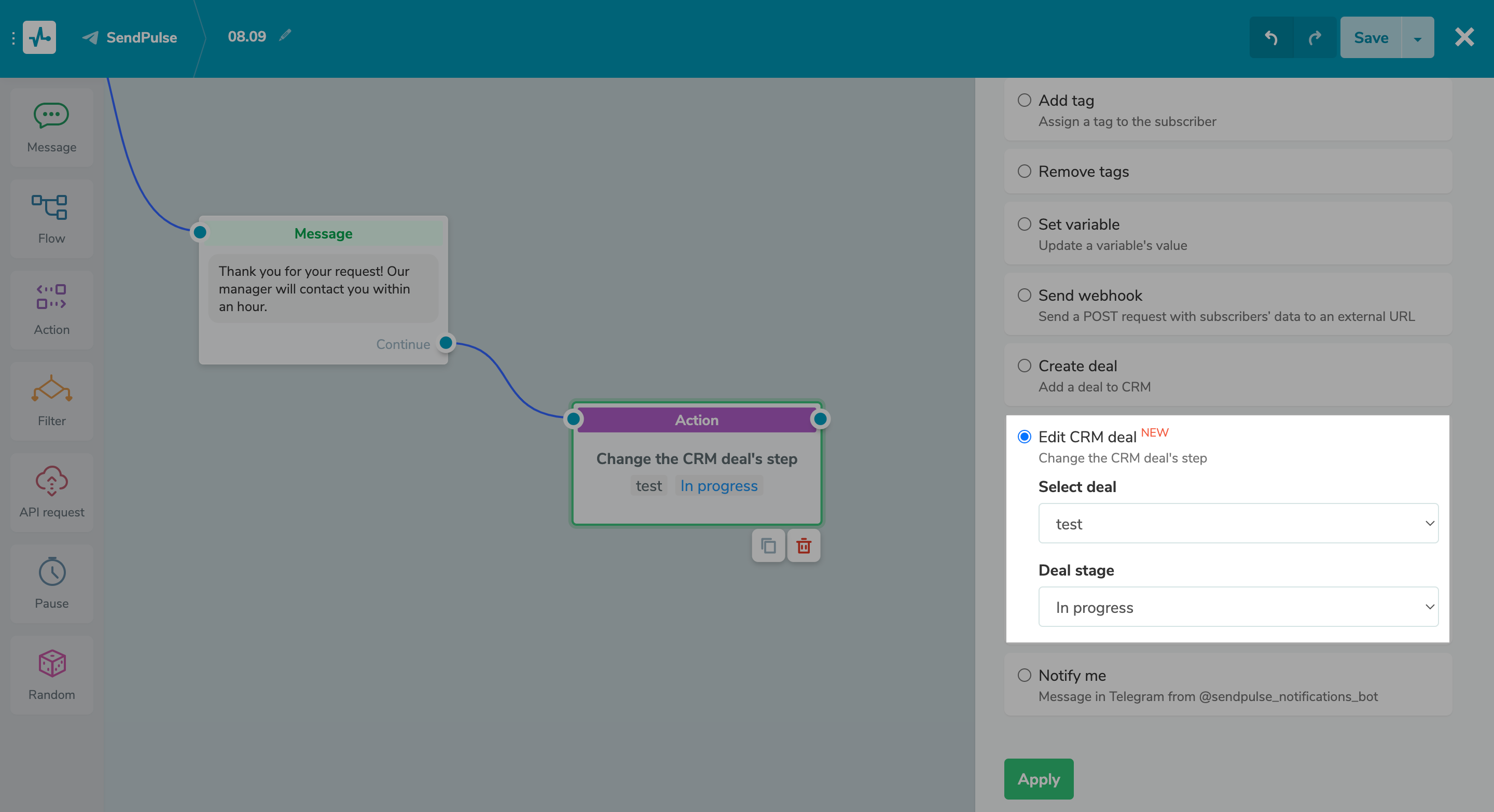 Change deal statuses in chatbot flows