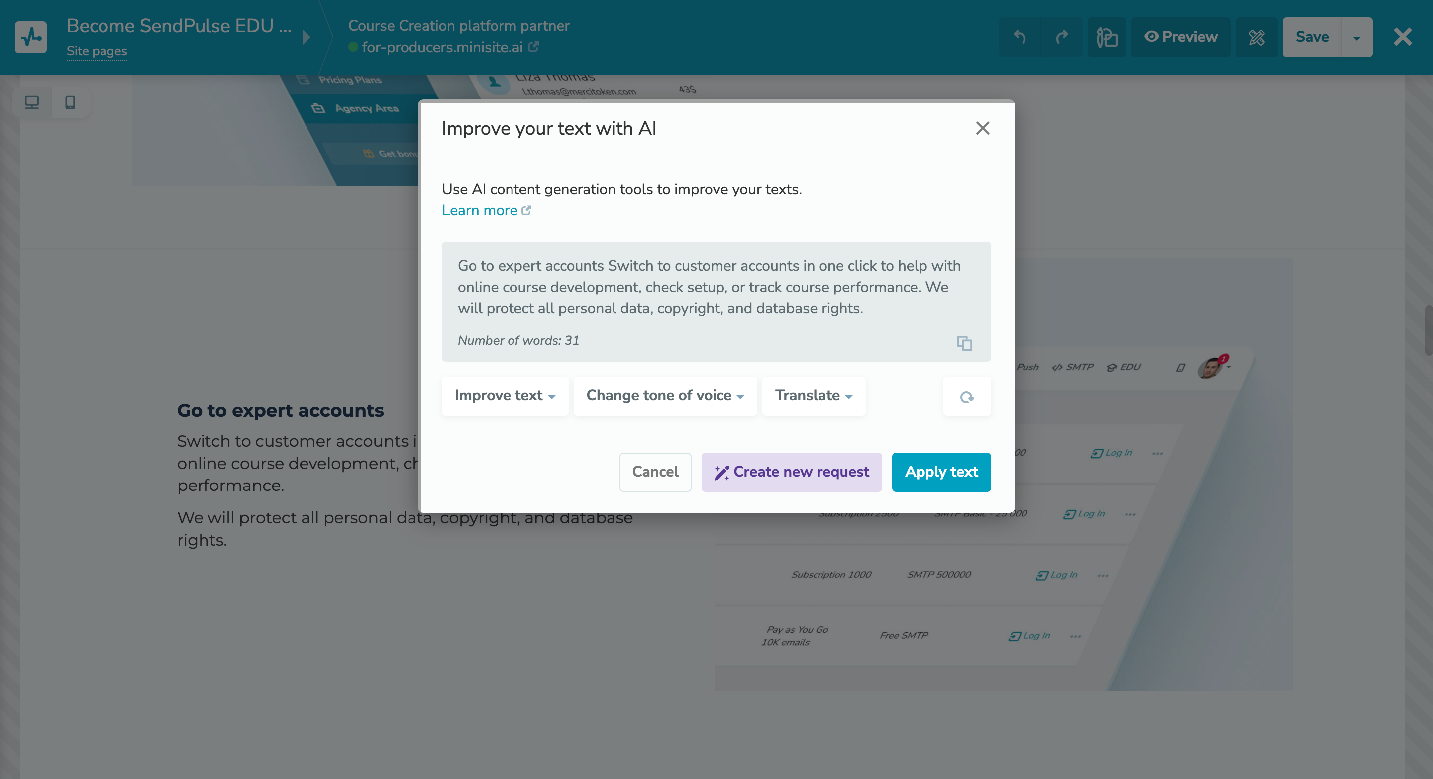 ChatGPT integration in our website builder