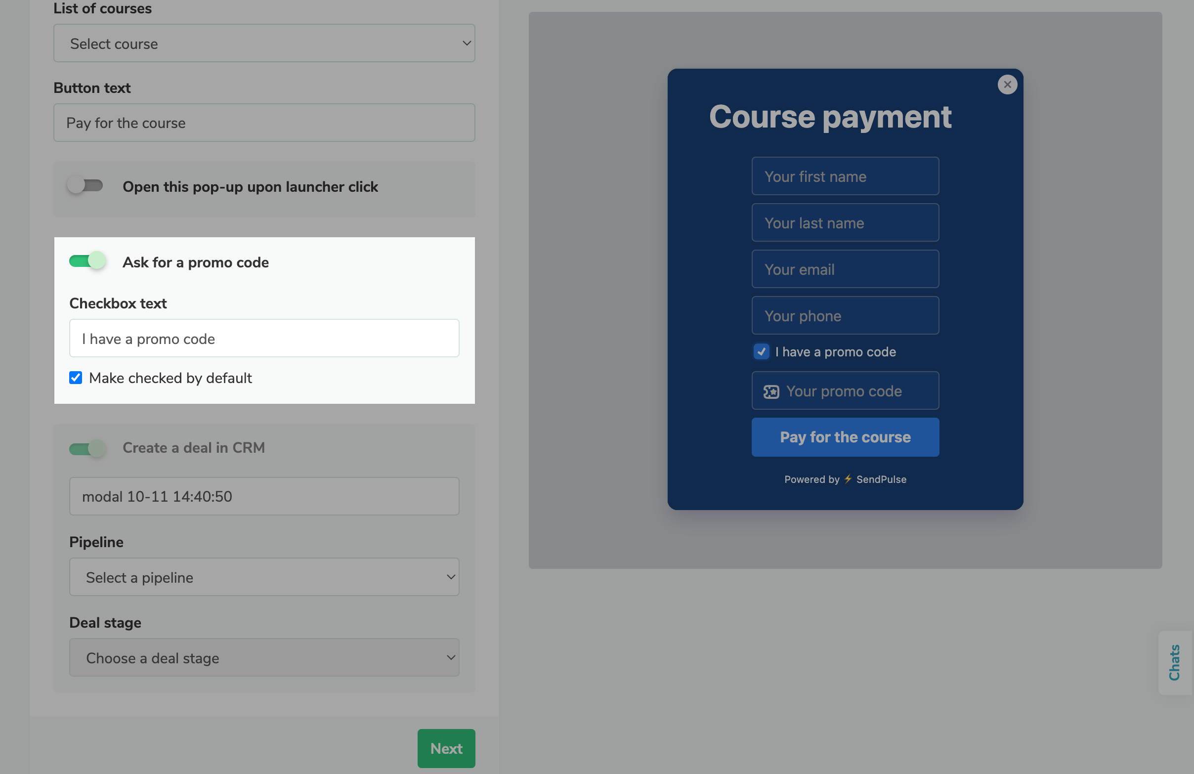 You can also add a promo code entry field to your custom pop-up form 