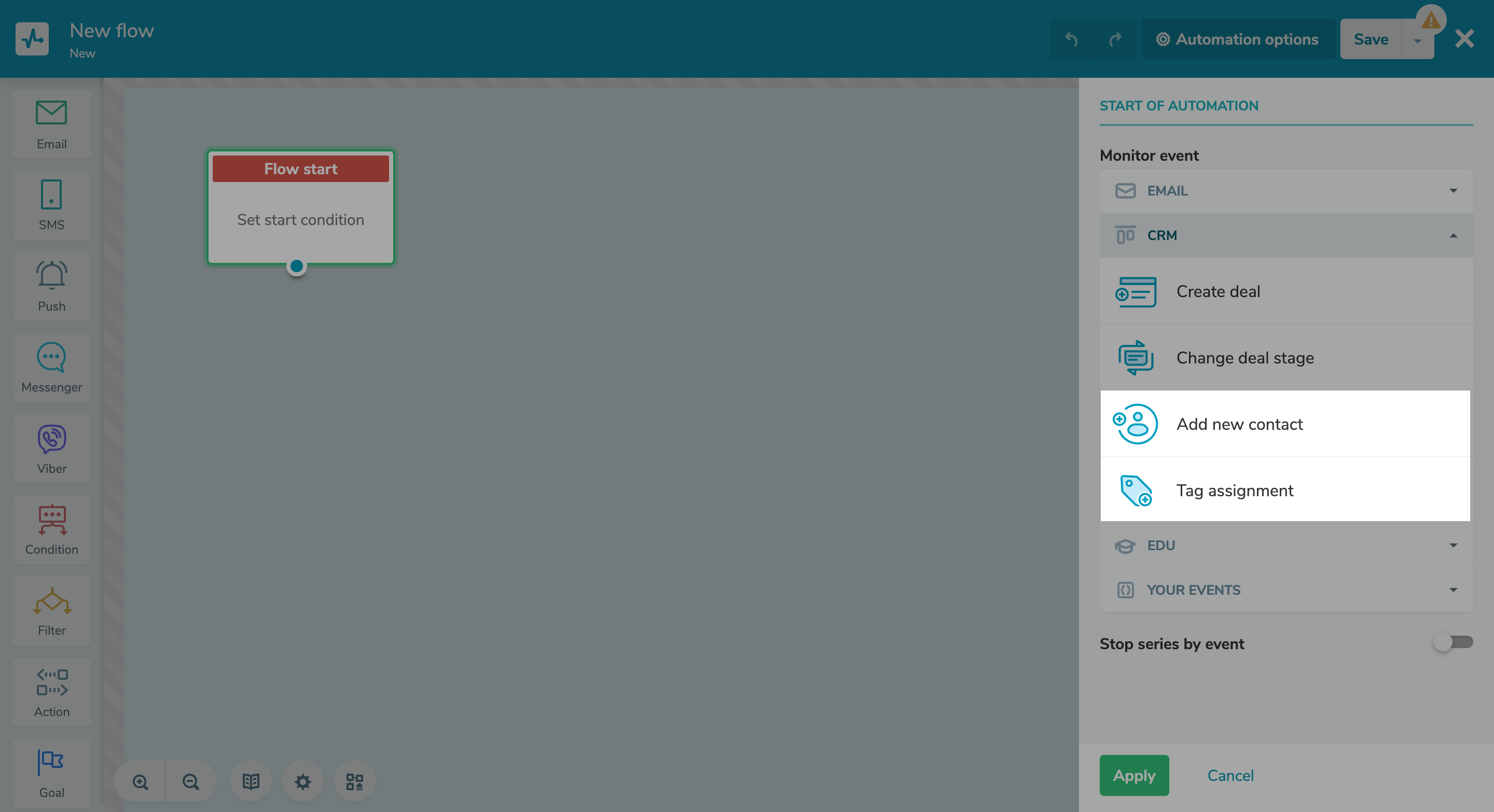 Launch flows when adding new contacts or assigning tags 