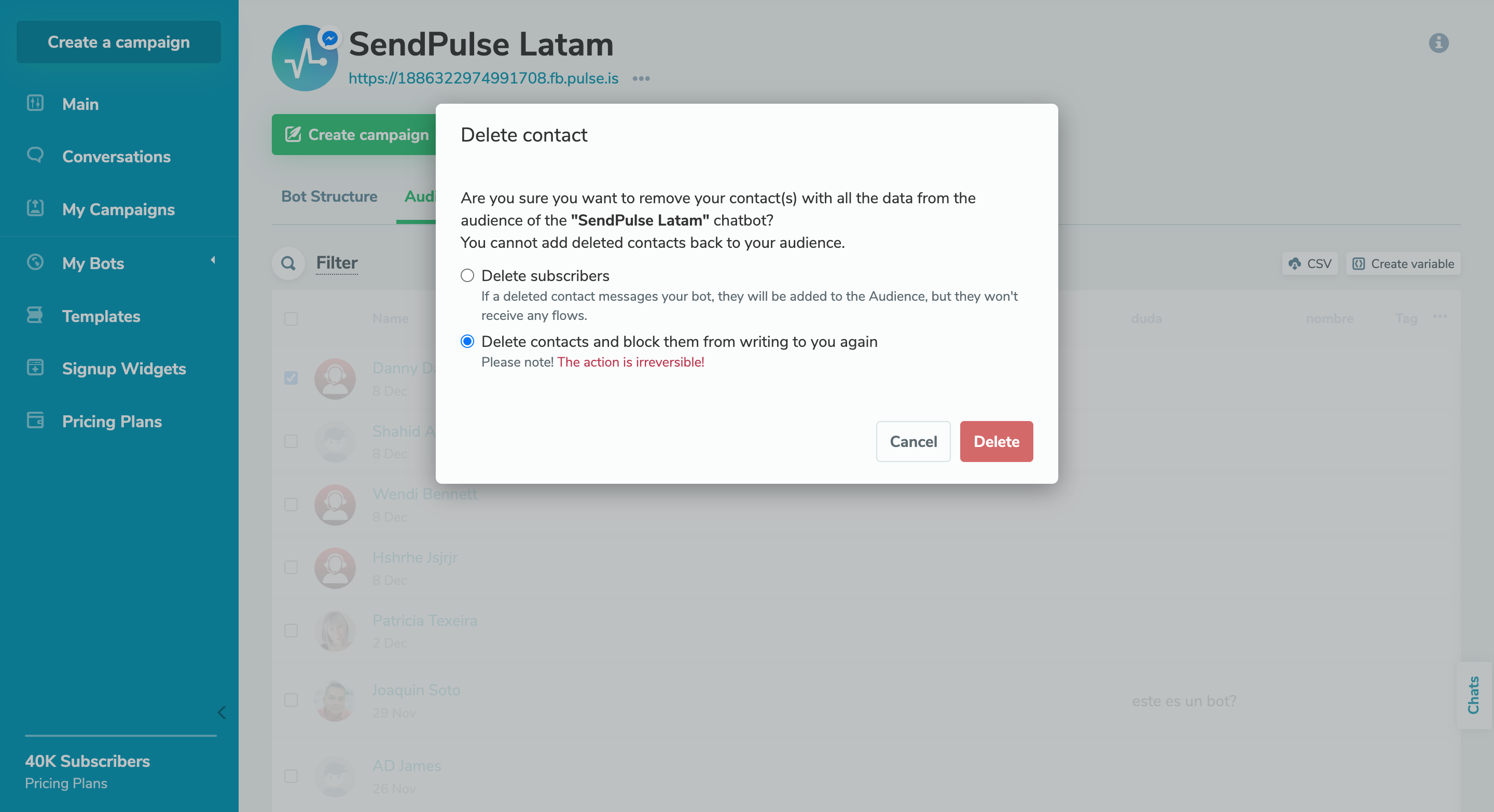 Block chatbot subscribers