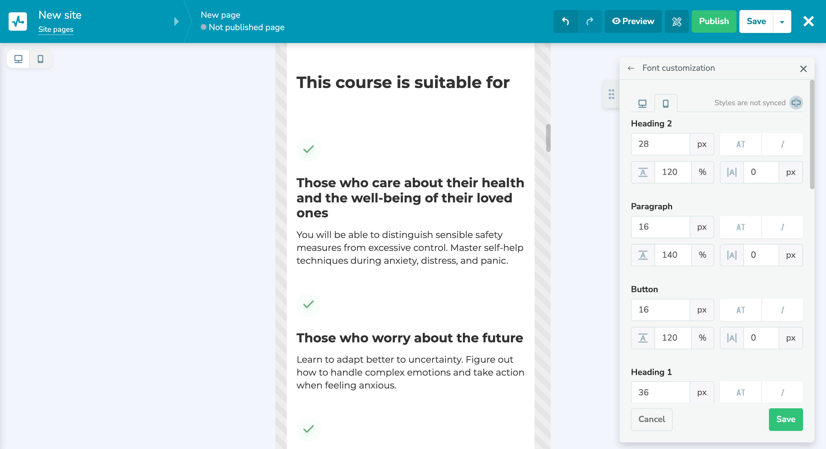 Font style settings for mobile website versions