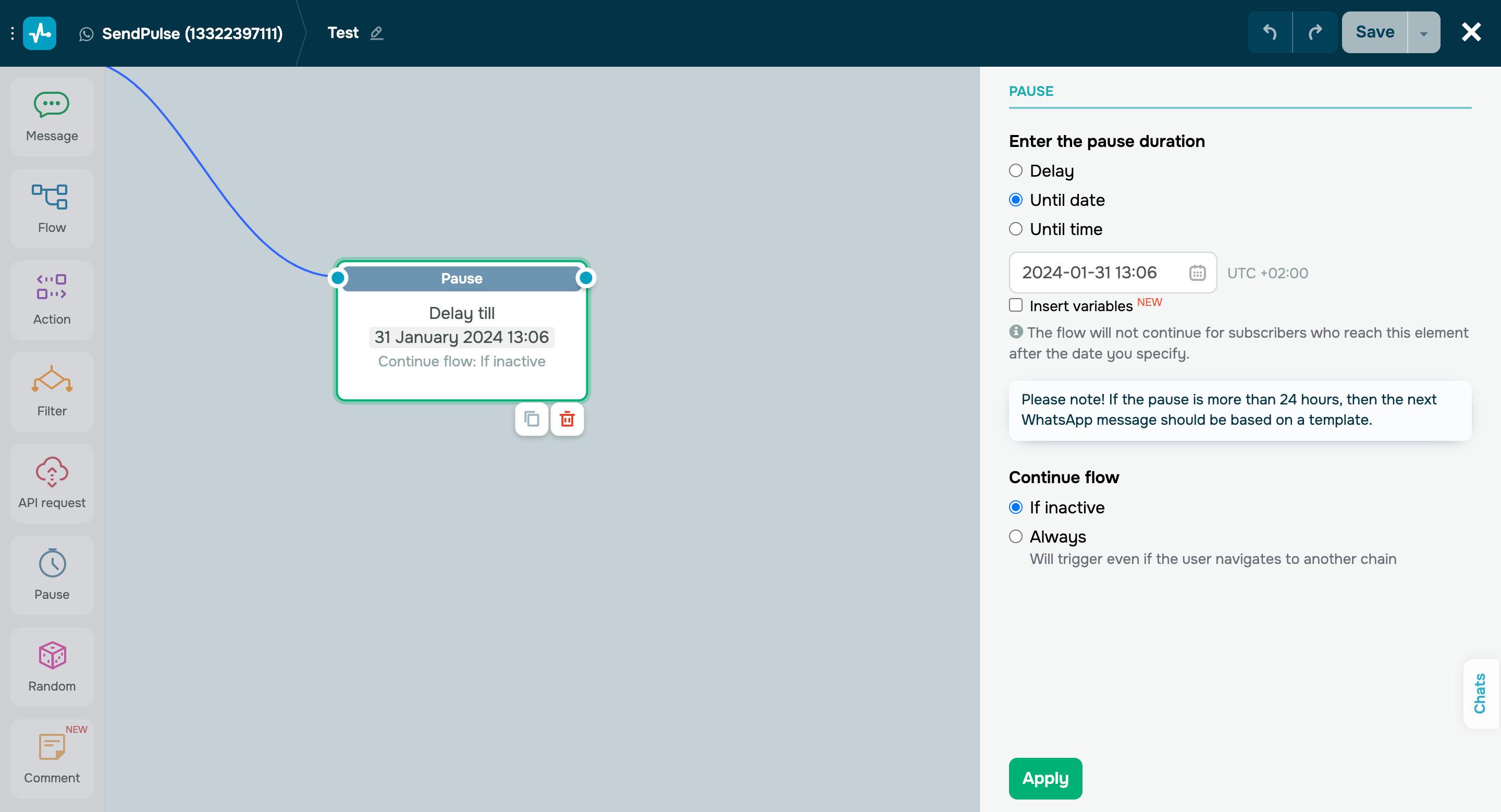 Pause WhatsApp flows until a certain date