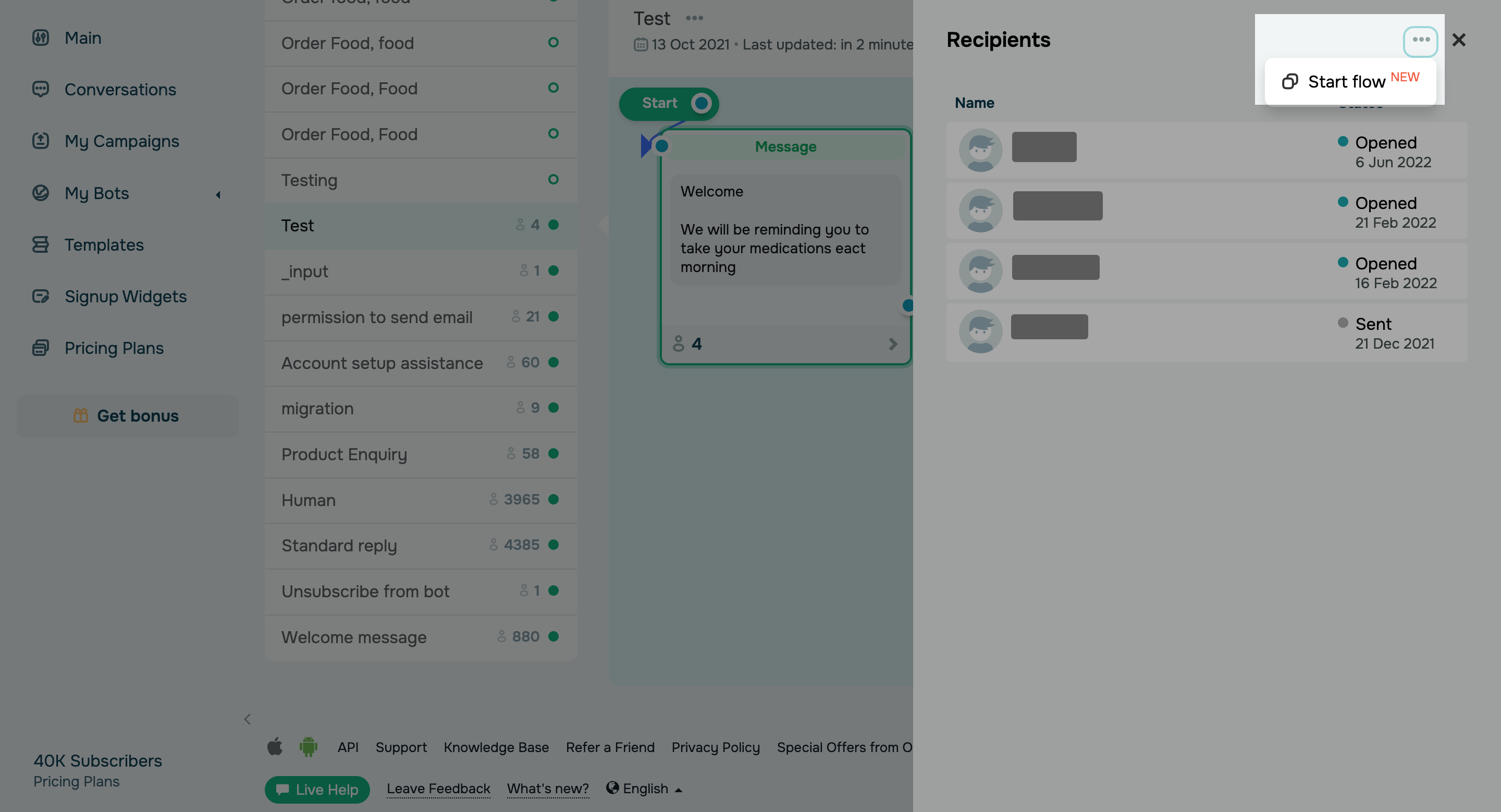 Launch chatbot flows for recipients of a specific element
