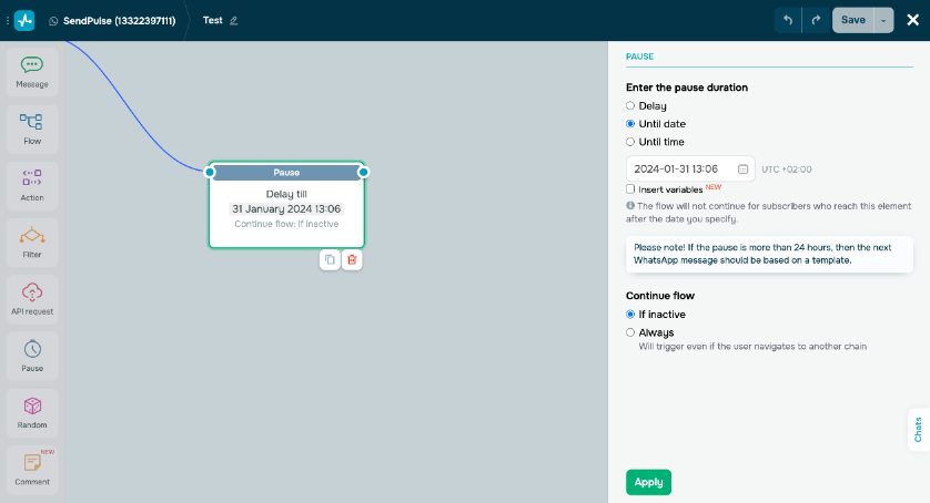 Пауза до даты в WhatsApp чат-ботах