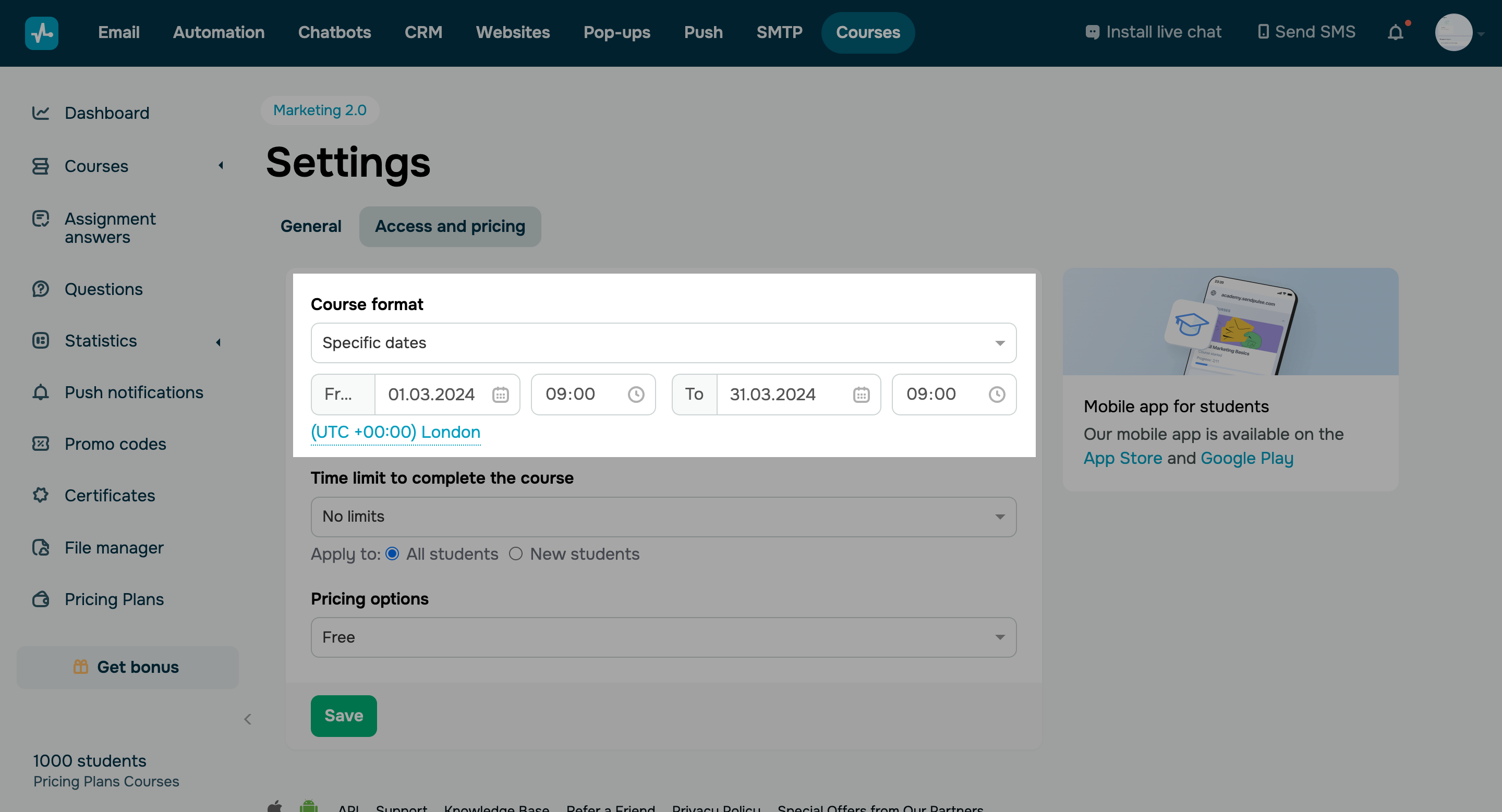Set a course start and end time