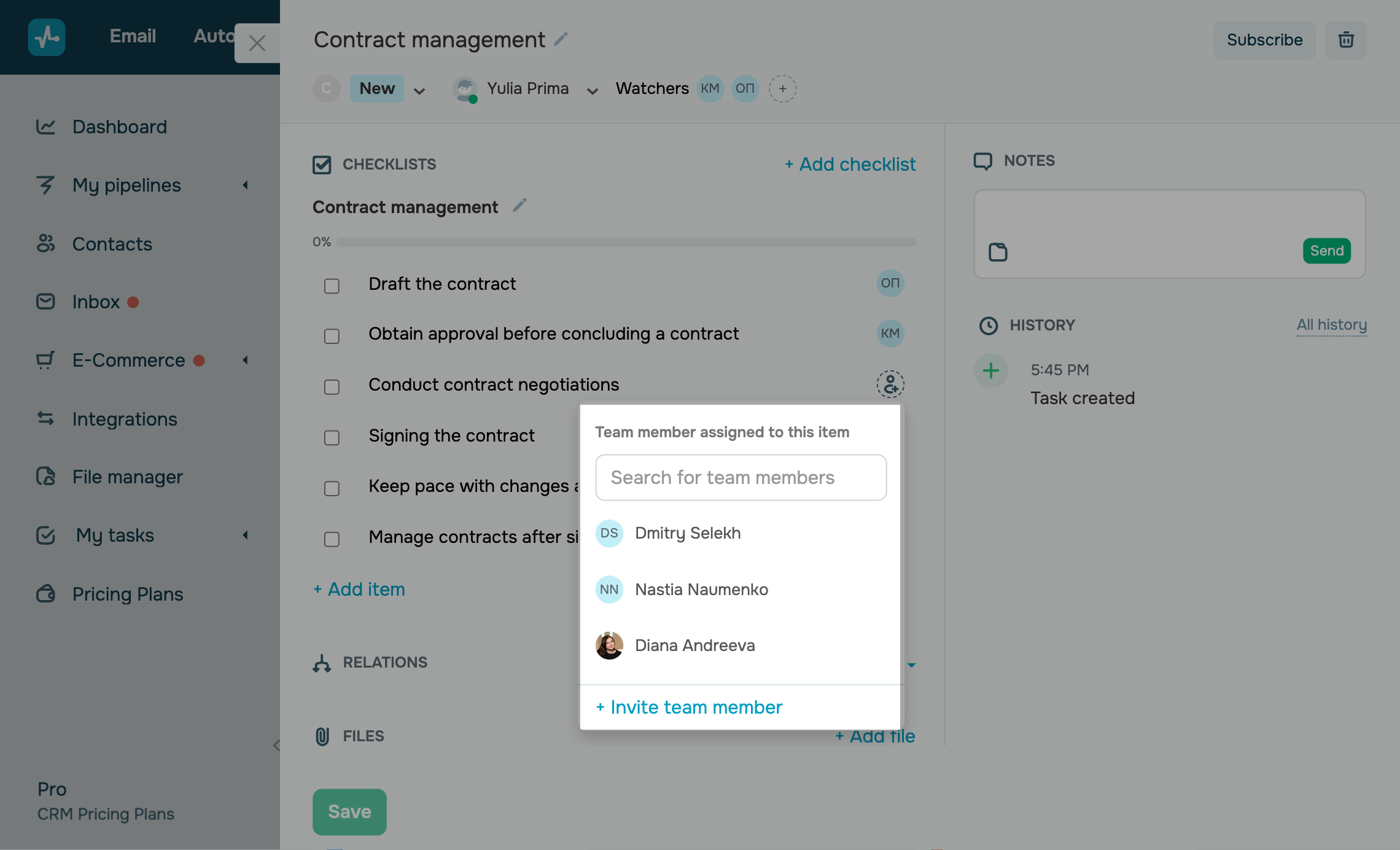 Assign team members to checklist items
