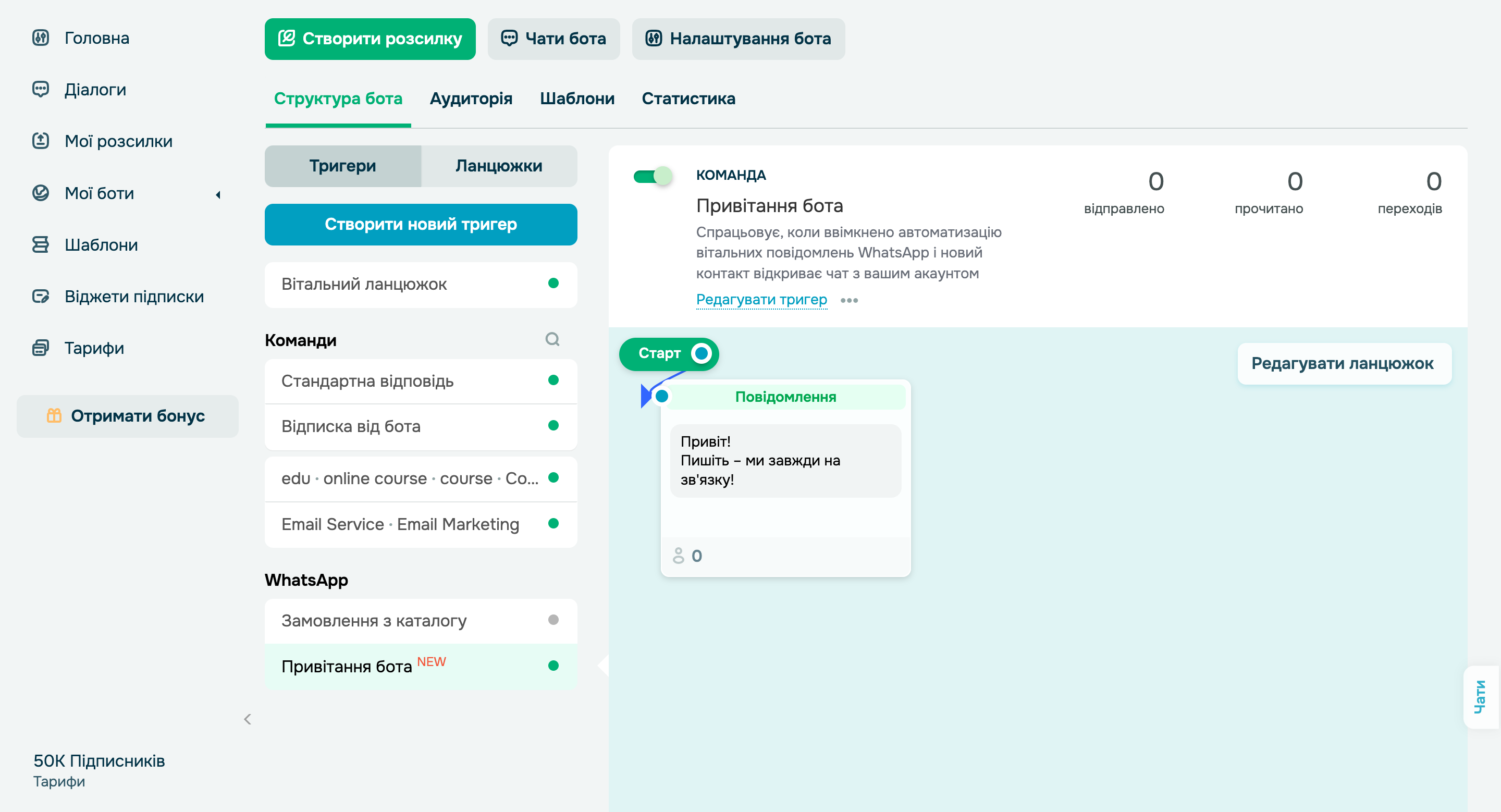 Новий тригер і системний ланцюжок «Вітання бота» для WhatsApp