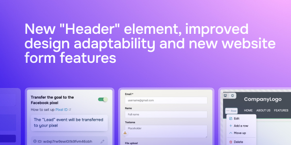 New “Header” element, improved design adaptability and new website from features