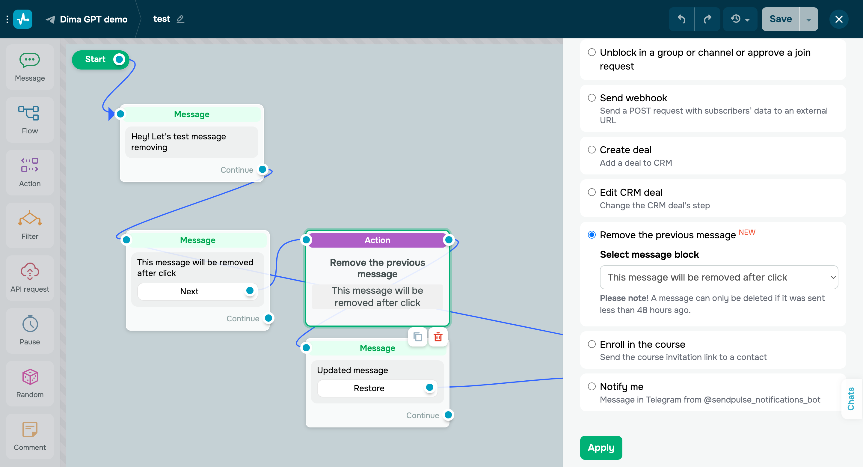Delete previous messages from Telegram chatbot flows