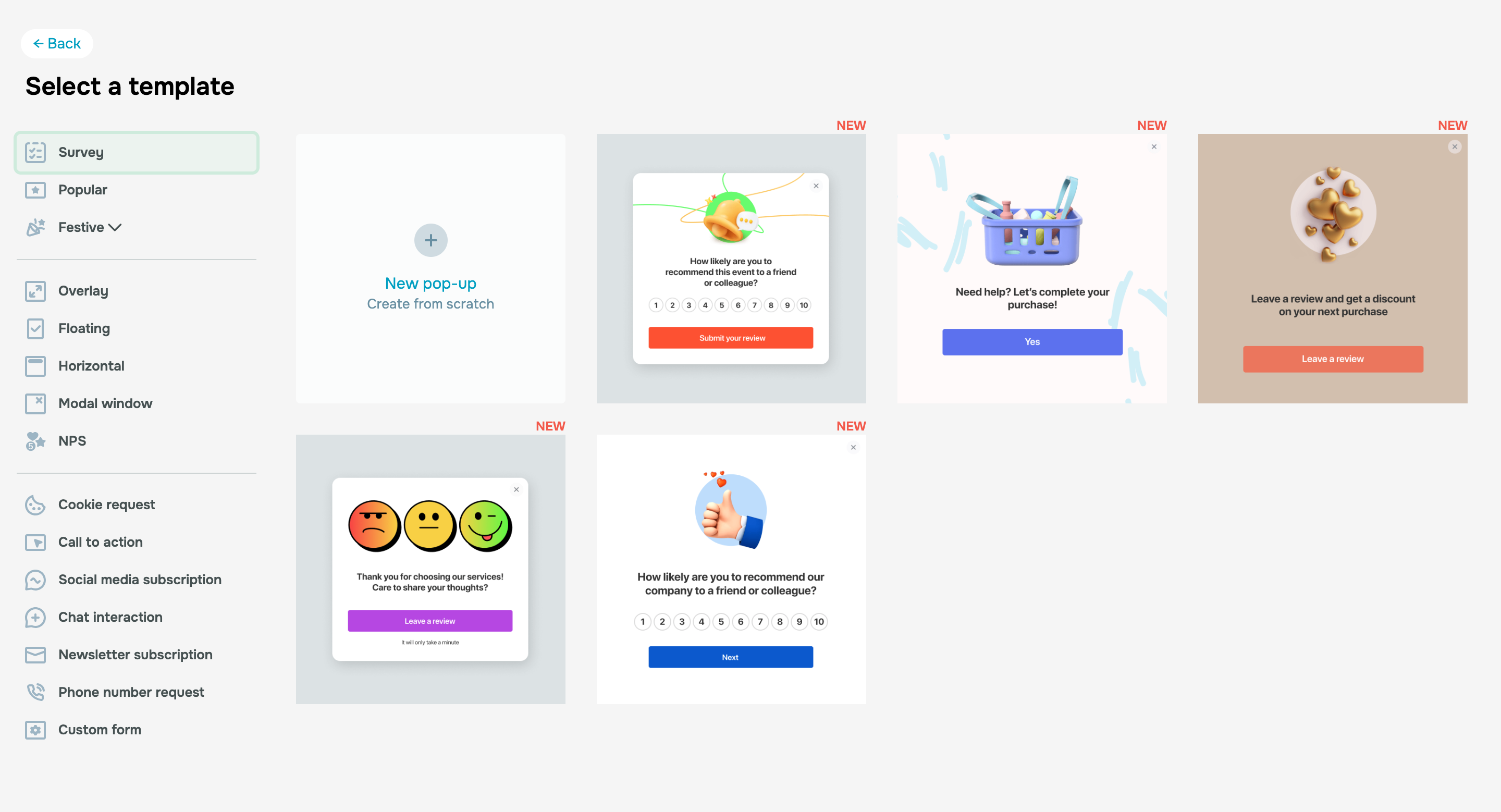 Pop-up survey templates