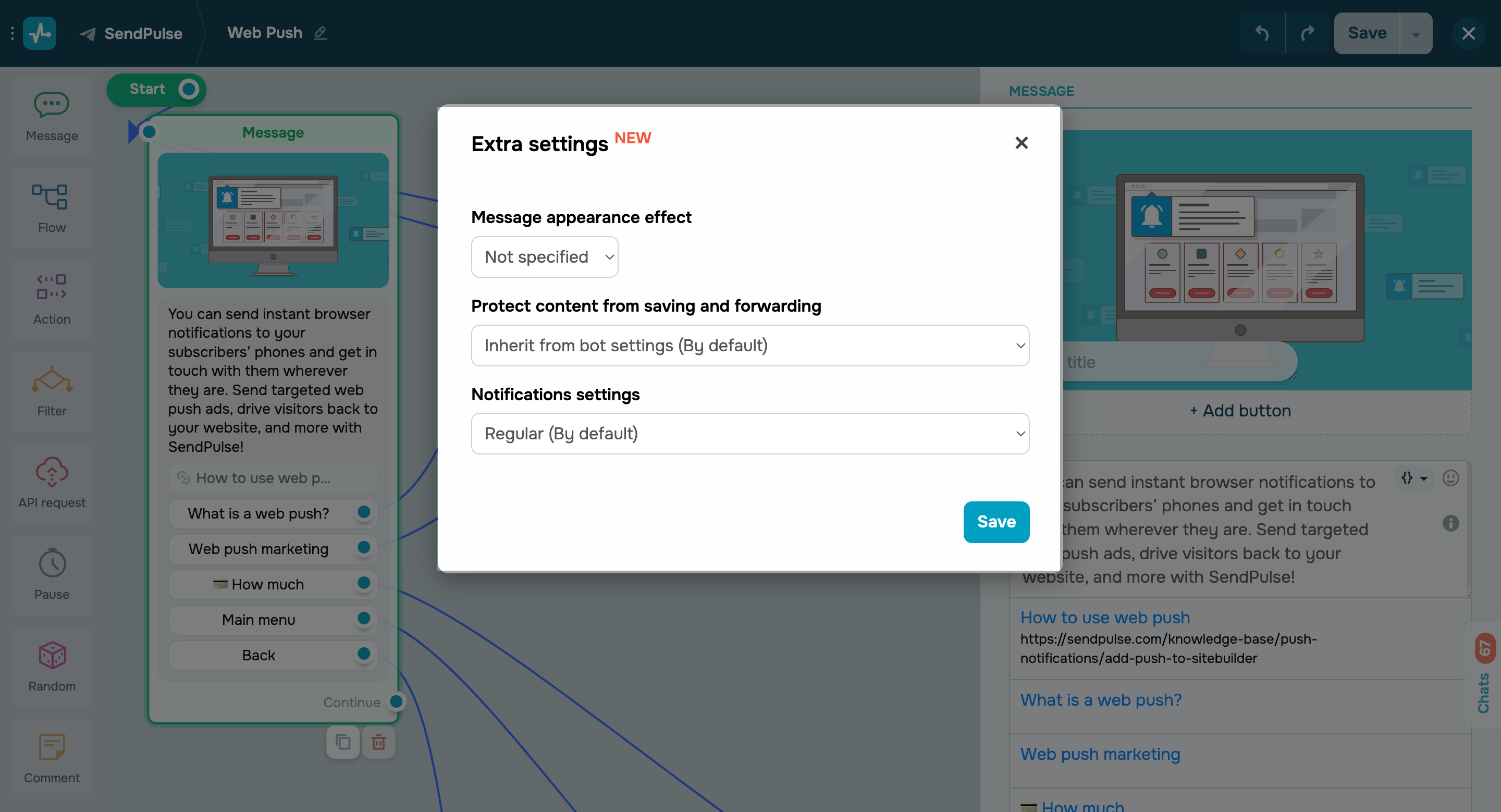 New message settings for Telegram chatbots