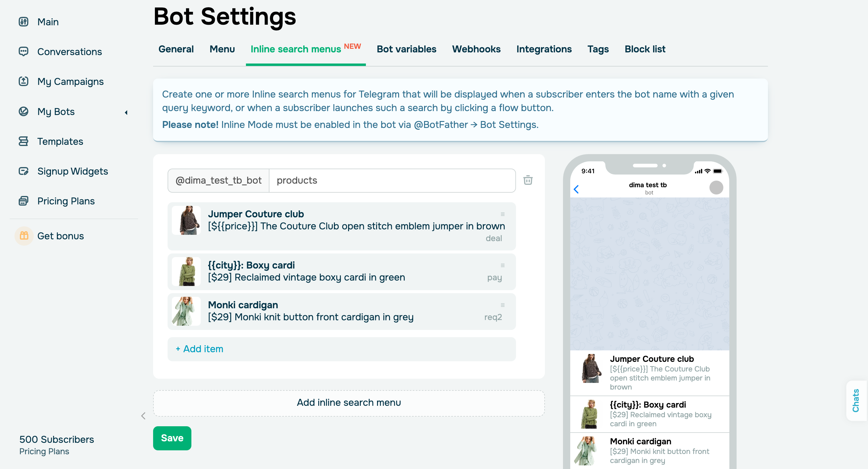 Inline search menus in Telegram chatbots