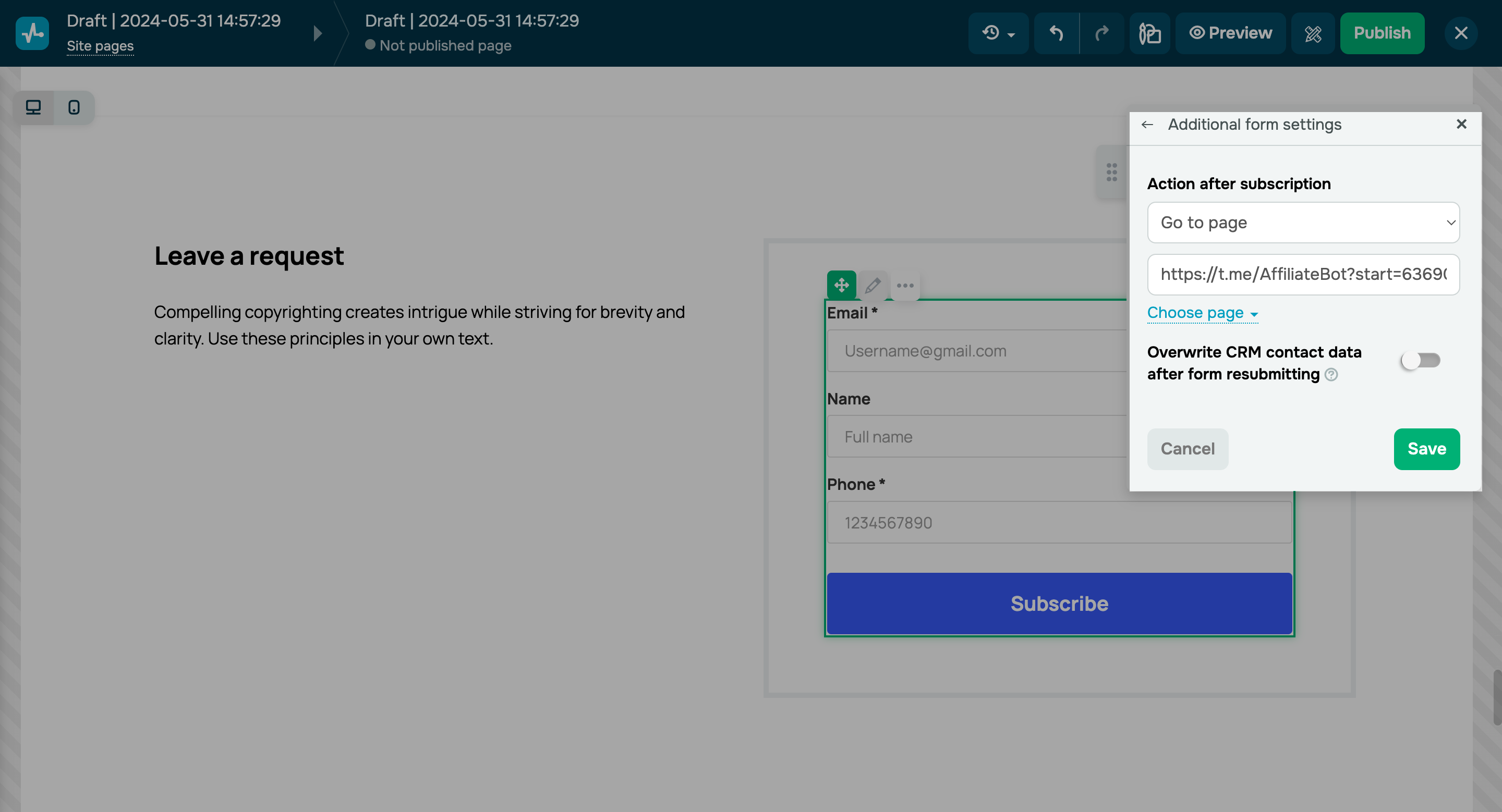 Pass subscription form data to chatbots
