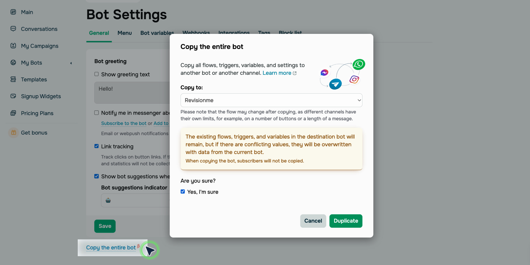 Copying the entire chatbot to another bot or channel