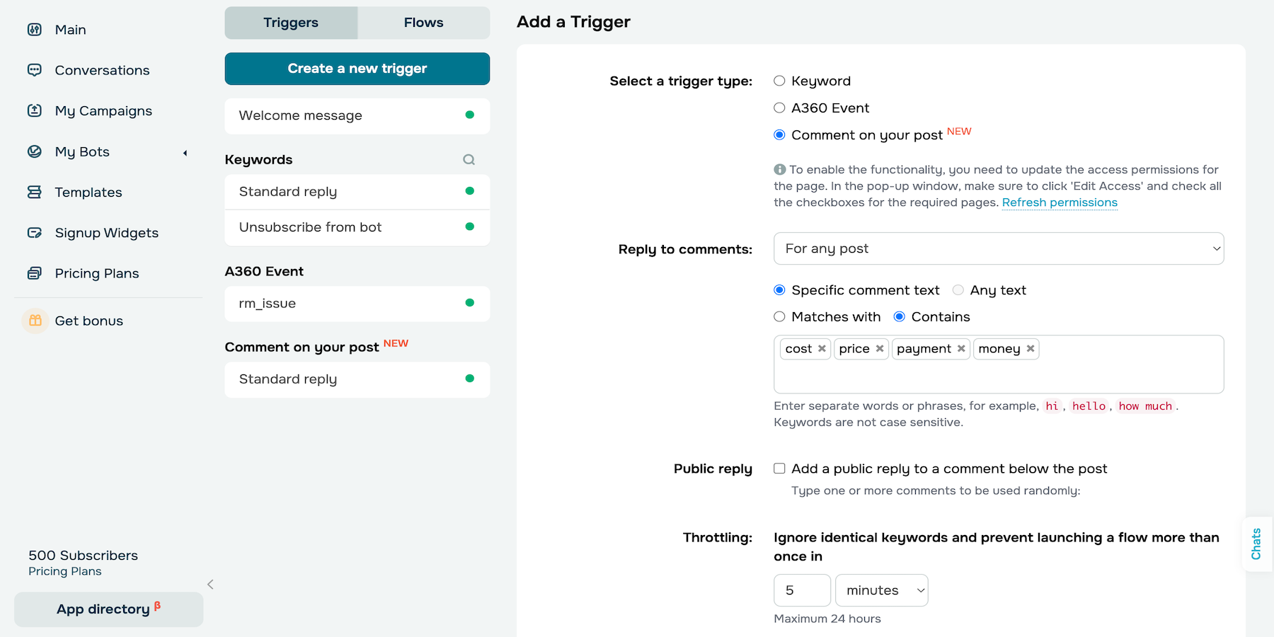 New trigger "Comment on your post" in Facebook chatbots