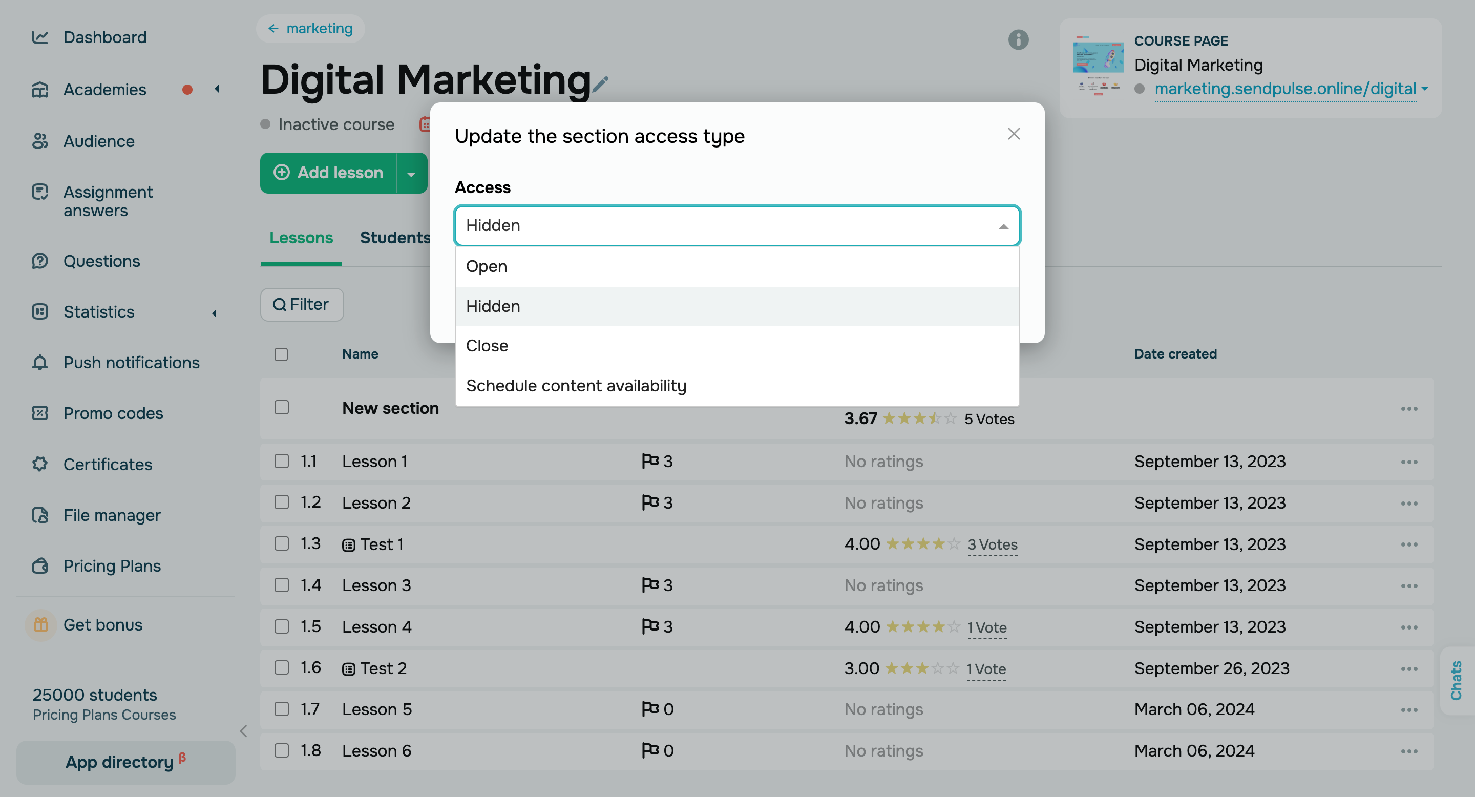 The “Hidden” status for course lessons, tests, sections, and certificates