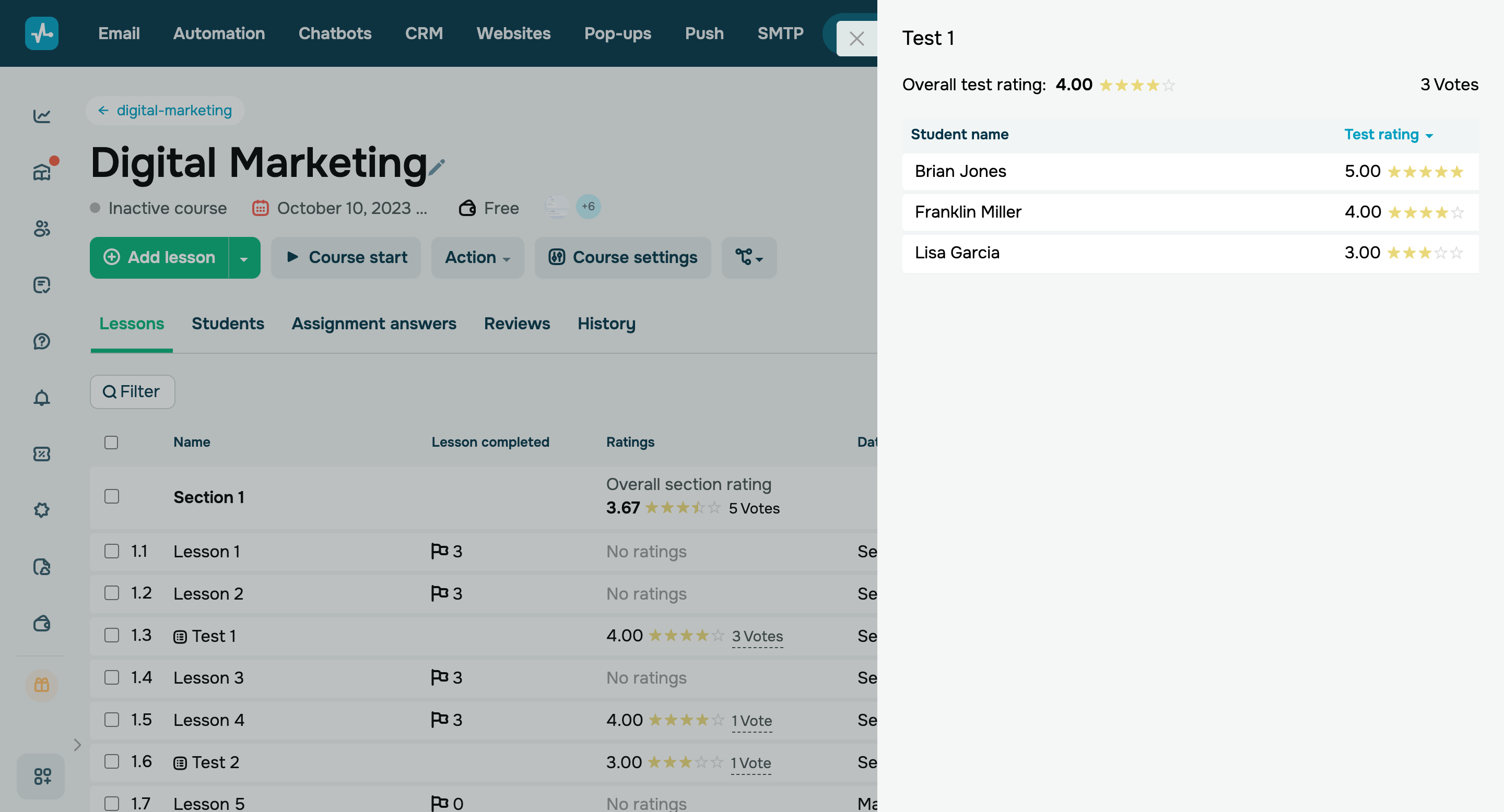 Test and lesson ratings in instructor accounts 