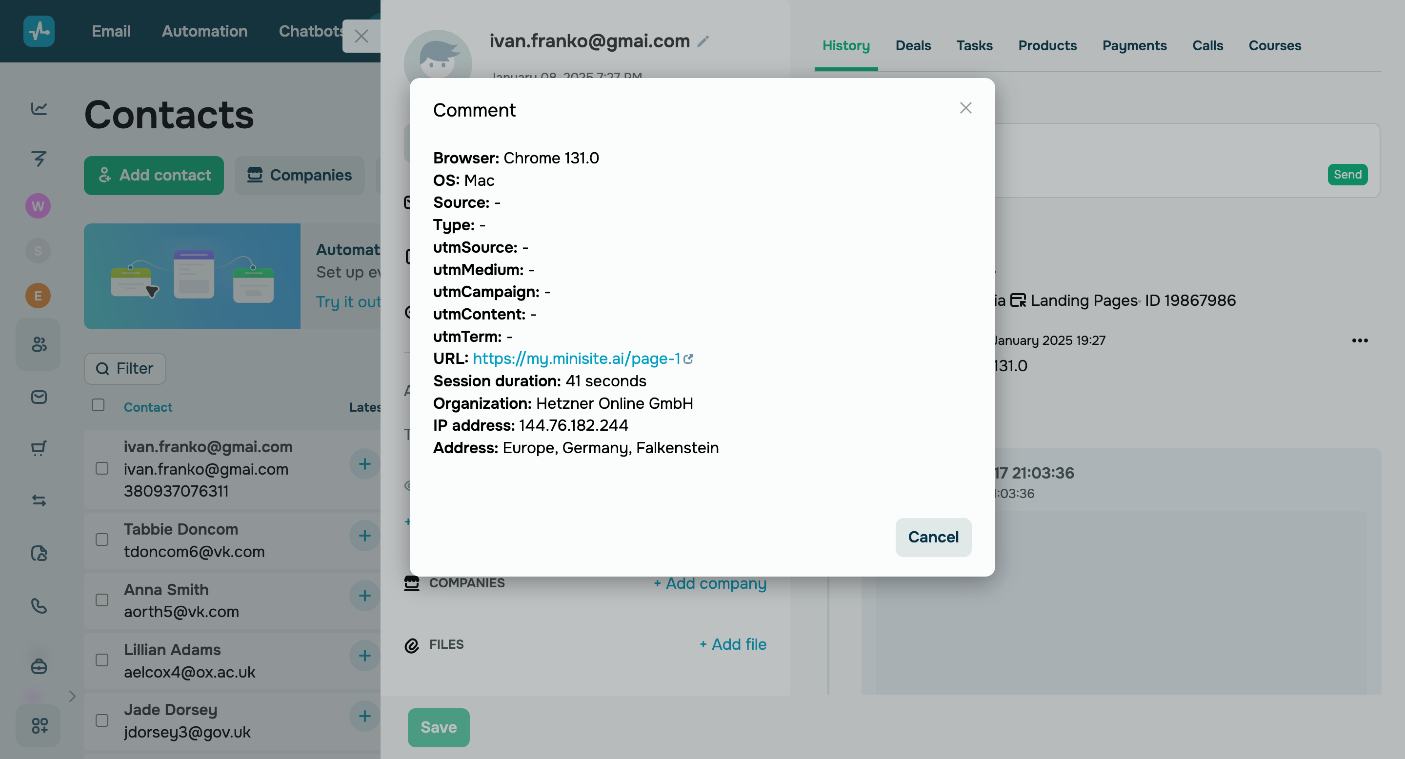 Transfer website visitor data to the CRM system