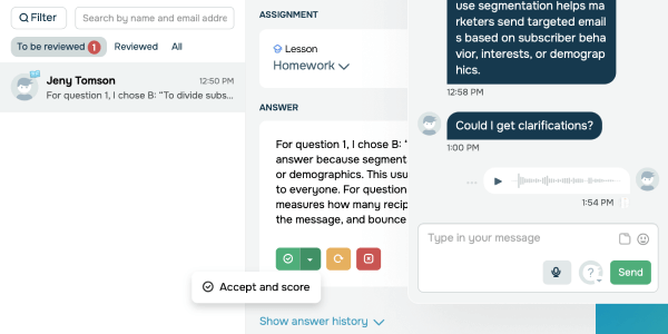 Smarter student answer reviews and assignment chats
